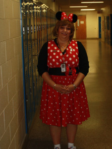 Mrs. Meade dressed as Minnie Mouse for Disney Day.