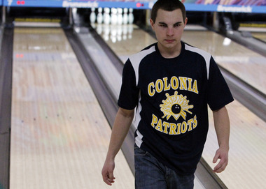 Joe Adase from Colonia, picked up a spare during the High School Bowling Winter Classic held at the Brunswick Zone Carolier Lanes. (NOTE: Photog was only allowed to work from behind the bowlers) North Brunswick, NJ  1/12/13  10:13:59 AM  (Robert Sciarrino/The Star-Ledger)