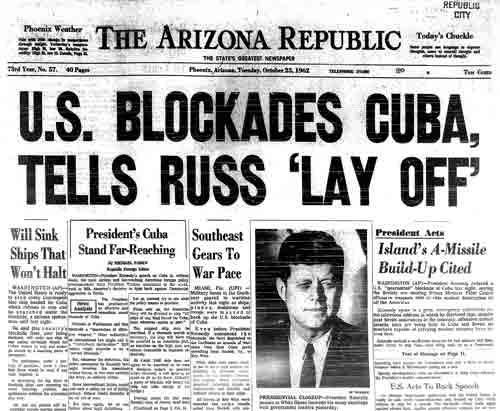 On this day in 1962, the Cuban Missile Crisis began, which escalated USA/USSR tensions to all time highs during the Cold War. The Soviets were caught putting missiles on their Cuban bases, only 90 miles from the continental US.  
