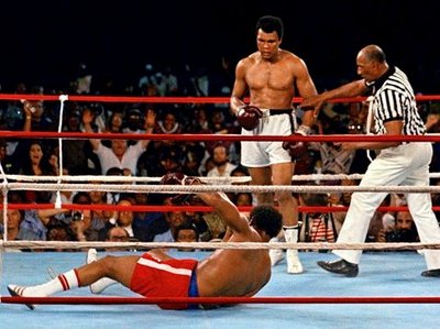 On this day 40 years ago, Muhammad Ali defeated George Foreman in the final round of Rumble in the Jungle, the boxing competition held in Zaire, Africa. Ali regained his heavyweight title after it was stripped by US regulations. 