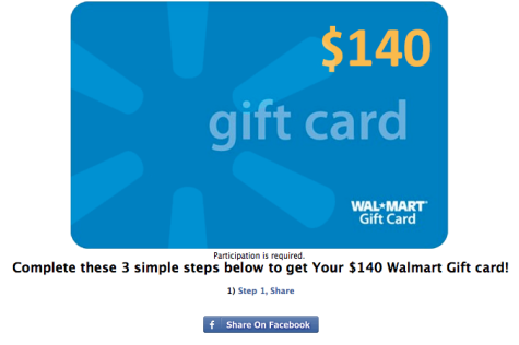 Facebook gives you an "oppurtunity" to get a $140 gift card.