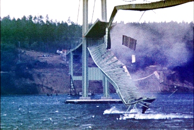 On this day in 1940, the Tacoma Narrows suspension bridge collapsed due to high winds and engineering flaws. The massive bridge swayed up and down and twisted in the wind and gave out when weakened. 