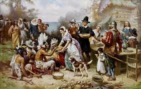 This depicts what people believe the is what the first Thanksgiving looked like.