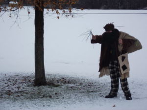 A man is dressed as the famous Christmas character, Belsnickel from Germany, Austria, and Argentina.