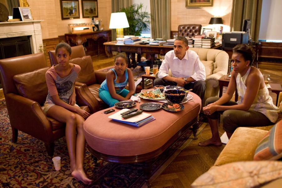 President Obama, First Lady Michelle, and First Daughters, Malia and Sasha enjoy some family time in the White House. 