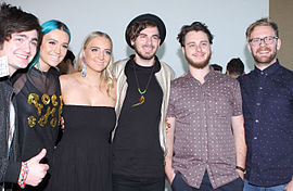 Members of Sheppard, (from left to right) George, Amy, and Emma Sheppard, Jason Bovino, Dean Gordon and Michael Butler at the Art Gallery of New South Wales