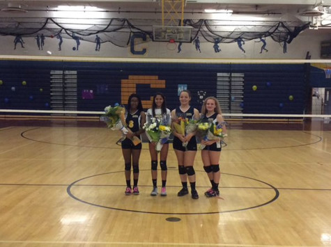 Senior volleyball players from left to right: Angelina McGhee, Anjali Gordon, Allison Rodriguez, and Jessica Iacona 