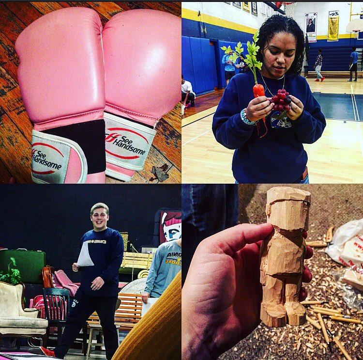 Kickboxing gloves used by Maeve Doyle. A candid photo of Yami Morreta holding fruits and veggies for a school fundraiser. A stage performance action shot of Anthony Piccininni. An unfinished wooden Figurine whittled by Joseph Watts.