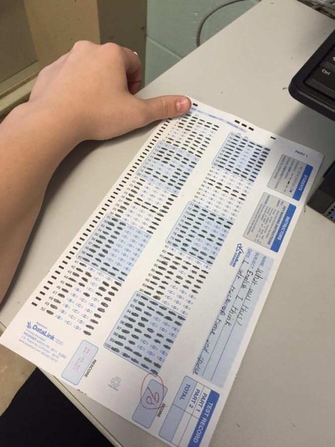 A testing scantron filled out to say SOS - HELP ME.