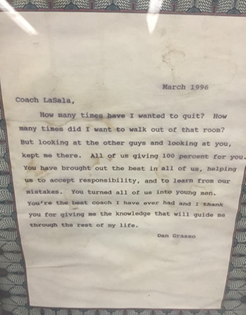 A letter written by Daniel Grasso to his coach at the time Pellegrino LaSala.