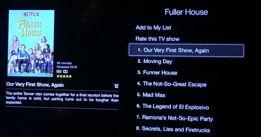 Season one episodes and cover art of Fuller House