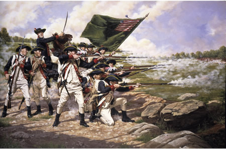 American Patriots fighting at The Battle of Long Island during The Revolutionary War.