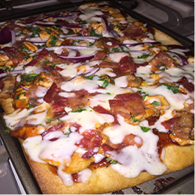 Straight out of the oven, the delicious pizza cools down for a minute. 