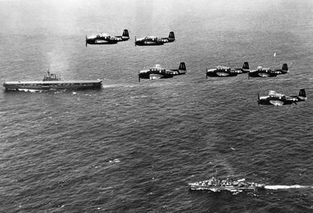 American warplanes flying over Coral Sea during the battle.
