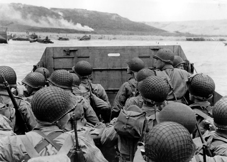 Soldiers approach Omaha Beach on D-Day.