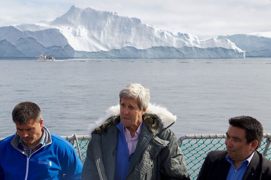 U.S. Secretary of State under the Obama Administration, John Kerry (middle) stands with Greenlands Prime Minister Kim Kielsen (left) and Greenlands Foreign Minister Vittus Qujaukitsoq (right), as they answer questions from reporters on June 17, 2016 regarding ice extent in Ilulissat, Greenland. 