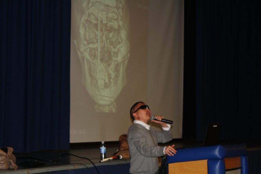 Presenting his story to the Juniors at Colonia High