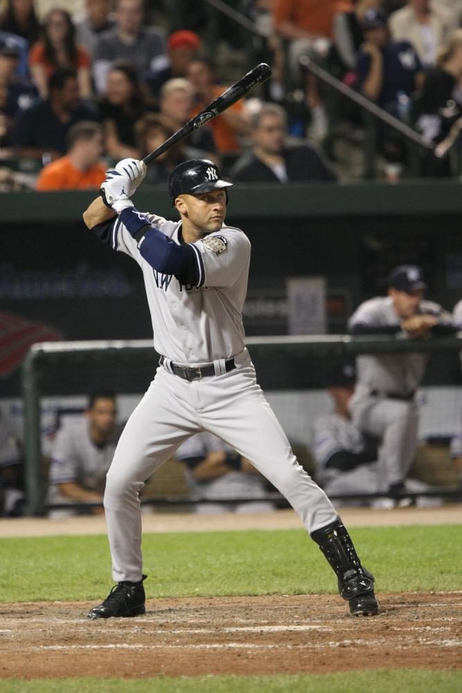 Jeter in his famous batting stance. Jeter finished his career with 3,465 hits.