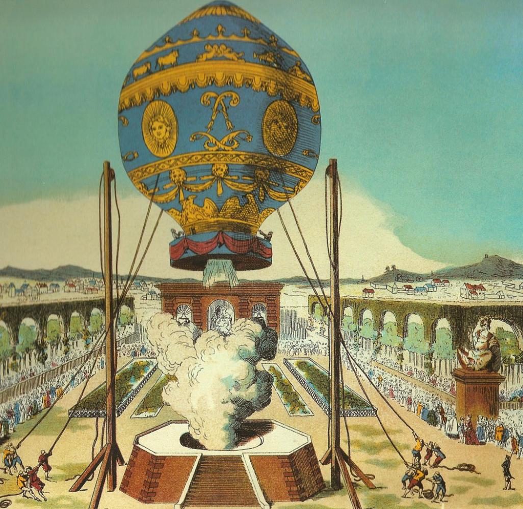Rising up into the sky, this early model of a hot air balloon takes flight in France.