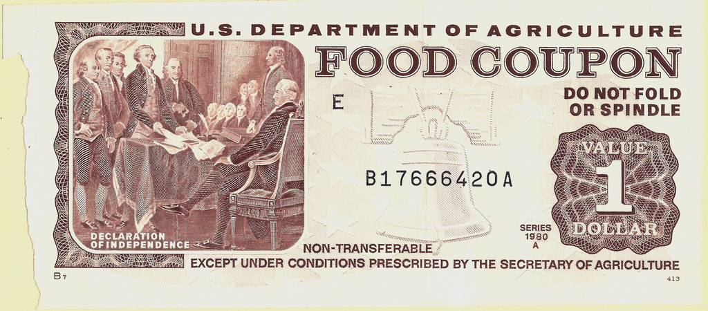 Old fashion food stamp issued to low income U.S. families. 