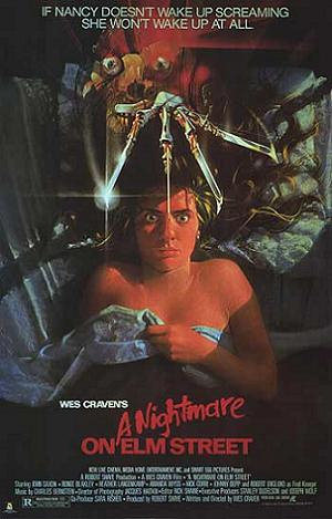 Freddy Krueger is seen with his famous glove with knives and top hat. Next to him is the movies original poster showing Nancy Thompson laying in bed with the glove over her head.
