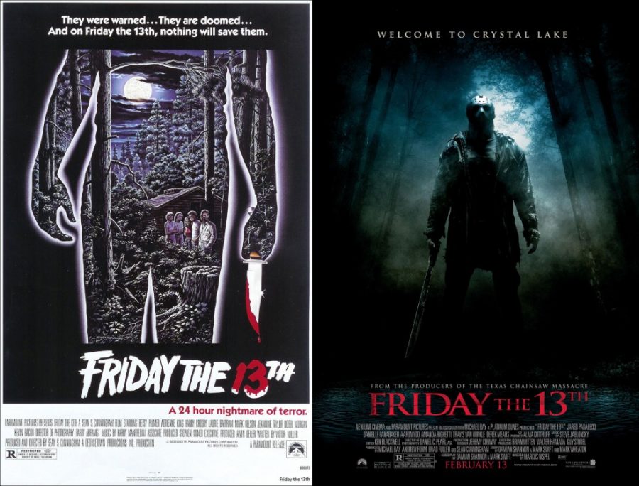 Seen in this photo is the two movie posters from both versions of the Friday the 13th movie. It is easy to spot the differences between both.