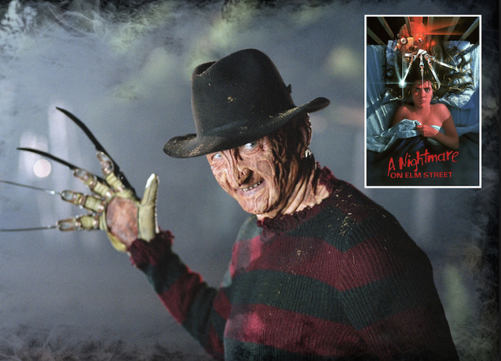 Freddy Krueger is seen with his famous glove with knives and top hat. Next to him is the movies original poster showing Nancy Thompson laying in bed with the glove over her head.