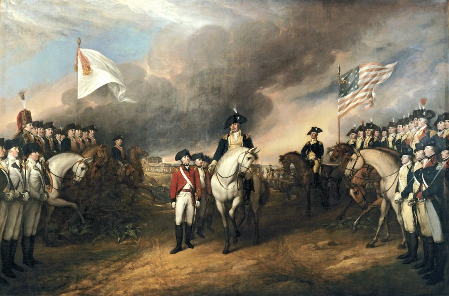 This painting depicts the forces of British Major General Charles Cornwallis, surrendering to French and American forces after the Siege of Yorktown during the American Revolutionary War. 