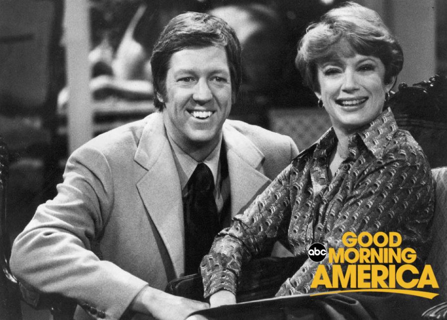 Smiling for the camera David Hartman and Nancy Dussault sit on the set of  Good Morning America in 1976.