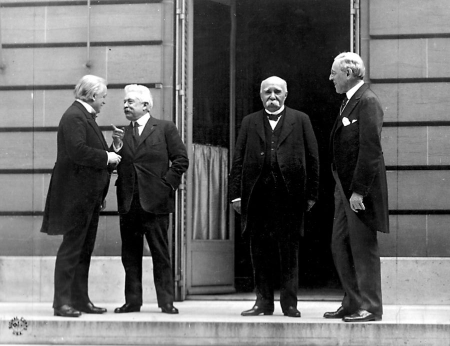 Council of Four at the WWI Paris peace conference, May 27, 1919 (candid photo) (L - R) Prime Minister David Lloyd George (Great Britian) Premier Vittorio Orlando, Italy, French Premier Georges Clemenceau, President Woodrow Wilson