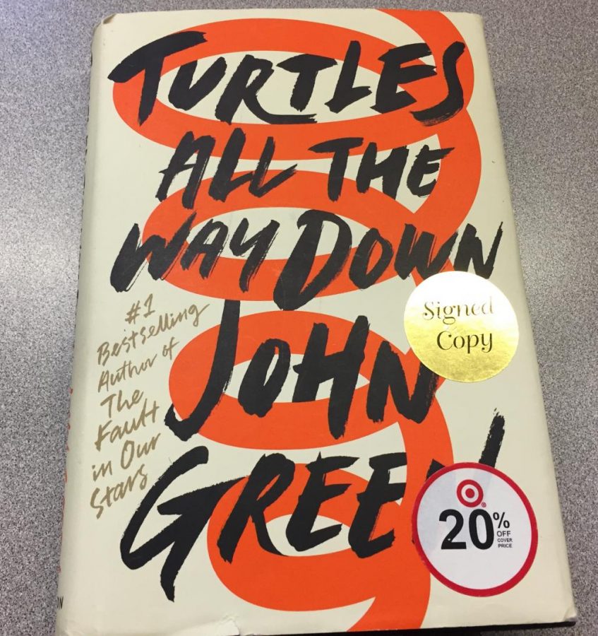 The front cover for John Greens new book Turtles All the Way Down 