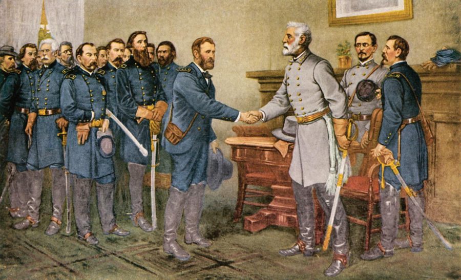 After suffering defeat, Confedraate general Robert E. Lee surrenders his army to Union general Ulysses S. Grant