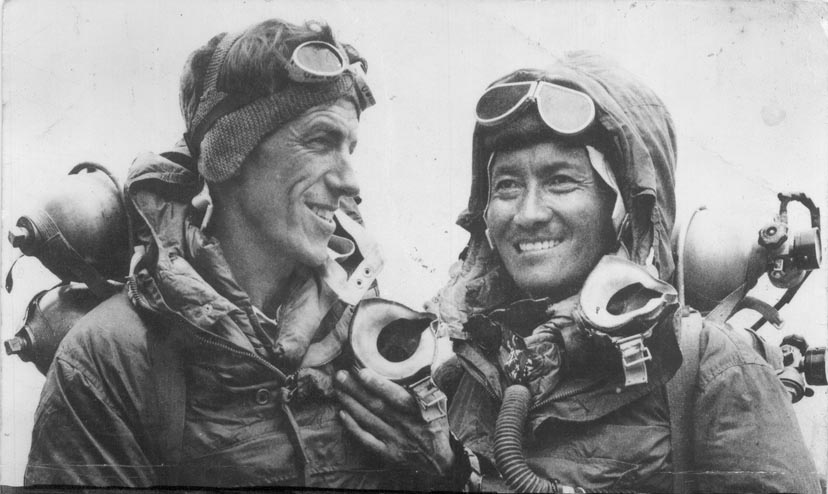 All+smiles%2C+Edmund+Hillary+and+Tenzing+Norgay+stand+on+Mount+Everest+during+their+expedition.+