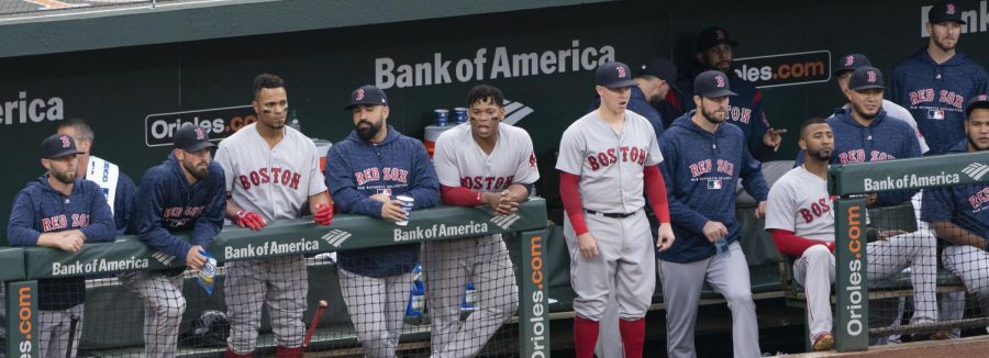Seen here is the Red Sox bench watching the game unfold right in front of them.