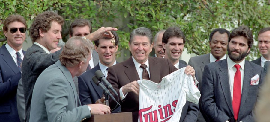 Seen here is the 1987, World Series winning, Minnesota Twins. In the middle of the team, holding the Twins jersey is the president at that time, Ronald Reagan.