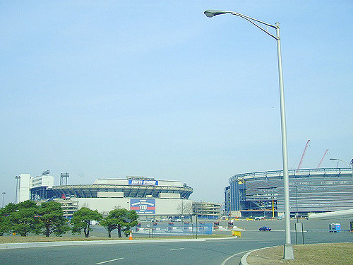 Seen here is the old Giants stadium on the left, where the Miracle at the Meadowlands occurred, and the new stadium on the right, where the Giants and Jets play now.