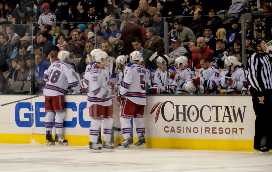 Seen here is a more current New York Rangers bench, along with a few starters (on the ice).