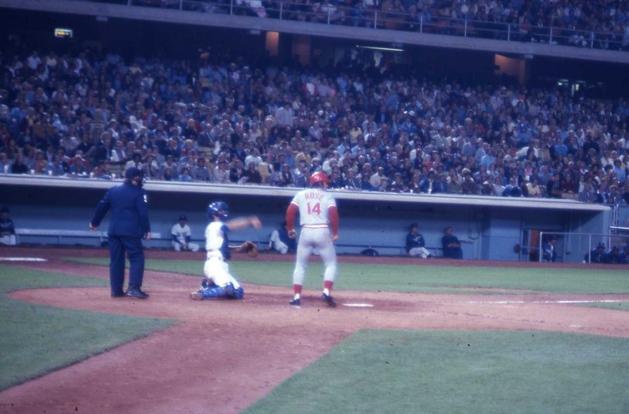 Seen here is Reds superstar Pete Rose standing in the batters box, ready for the pitch.