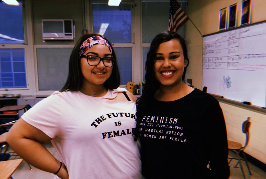 The two student presidents, Kristina Perez (left) and Jada Davis (right) join together in wearing empowering womens themed clothing.