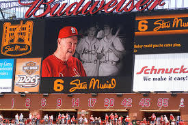 Seen here is the great Stan Musial being remembered on the Busch Stadium screen.
