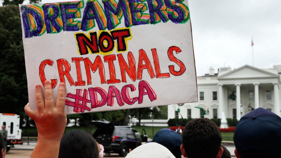 A woman holds up a handmade sign in support of DACA. 