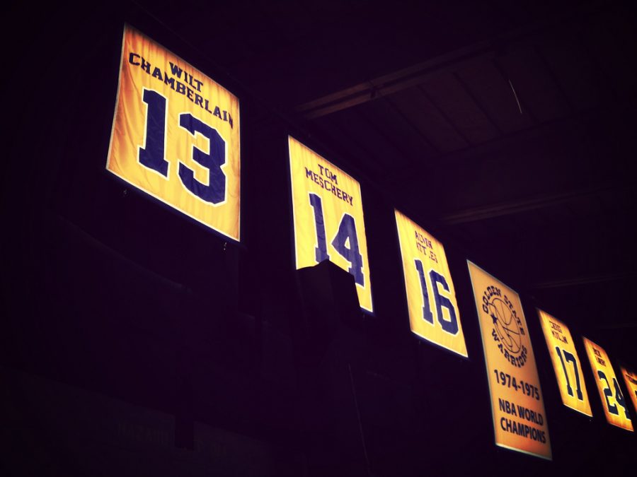 Seen here are the banners hanging from the Staples Center in Los Angeles, one of them being for dominant NBA center Wilt Chamberlain