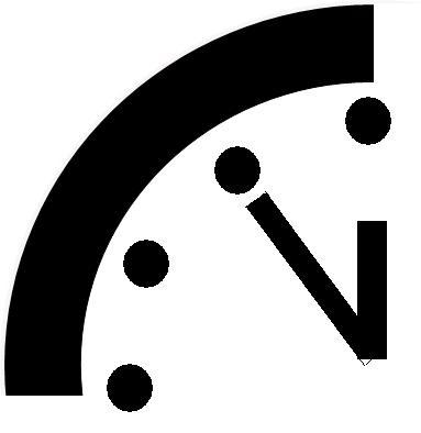 The doomsday clock that rests at 2 minutes to midnight. 