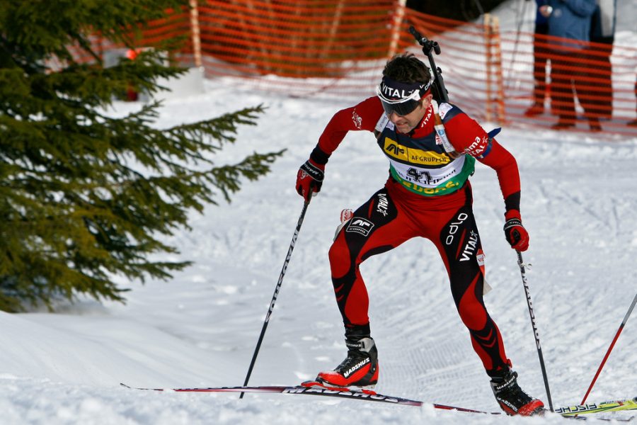 Seen here is Norwegian athlete, Ole Einar Bjørndalen, competing in a biathlon, where he has won 13 Olympic medals.