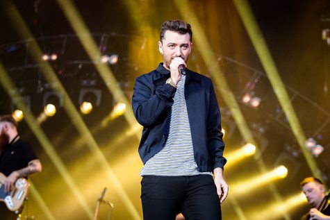 Performing at the concert, Sam Smith sings his Grammy Award winning song Stay With Me.
