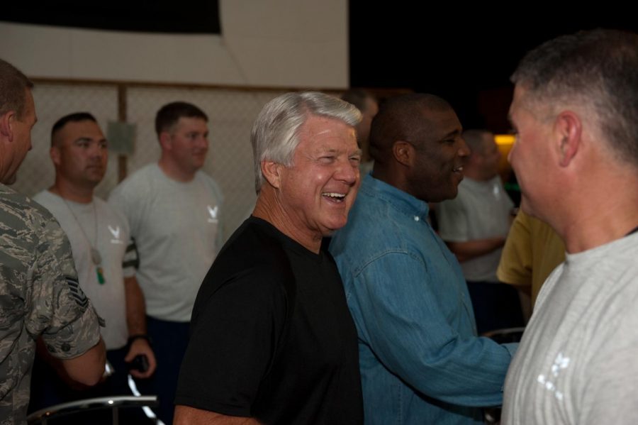Here is a more current photo of coaching legend Jimmy Johnson, meeting some Army members with the other Fox Sports crew members. 