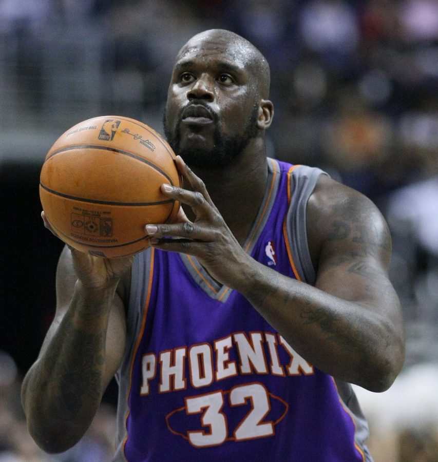 Seen here is NBA legend Shaquille ONeal shooting a free throw later in his career with the Phoenix Suns.