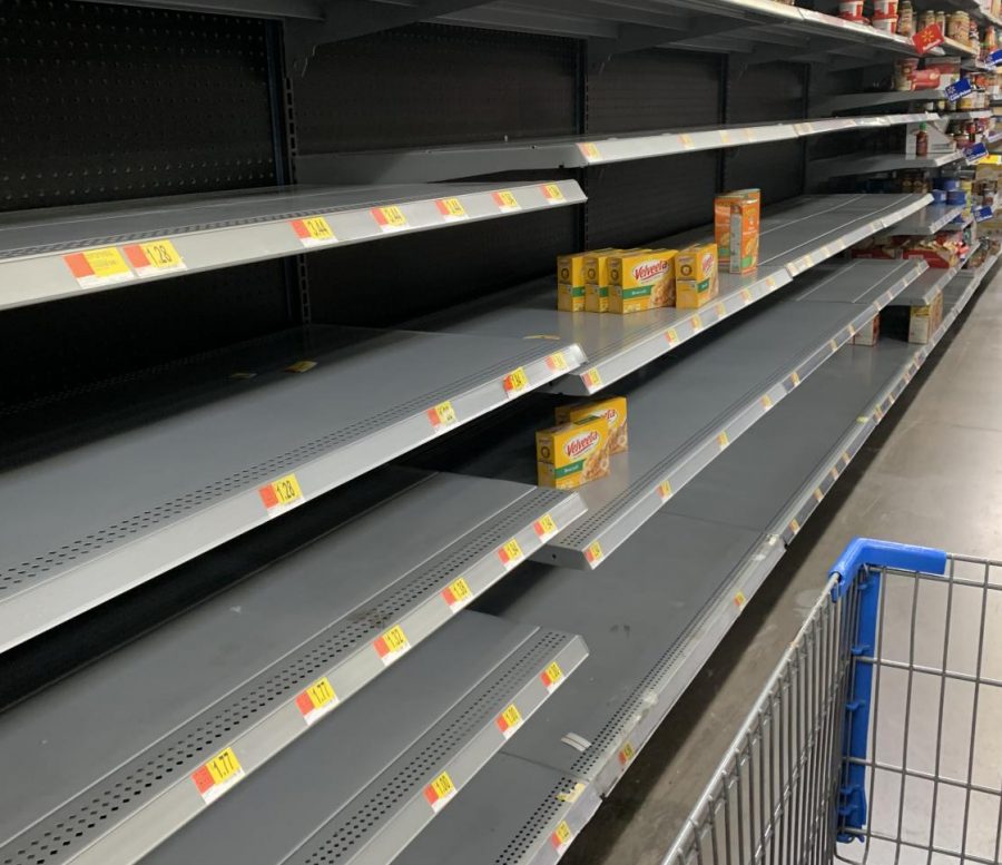 Empty shelves and empty cases, where the food will be no more. This is what many of the shelves at supermarkets and Walmarts look like when people panic.