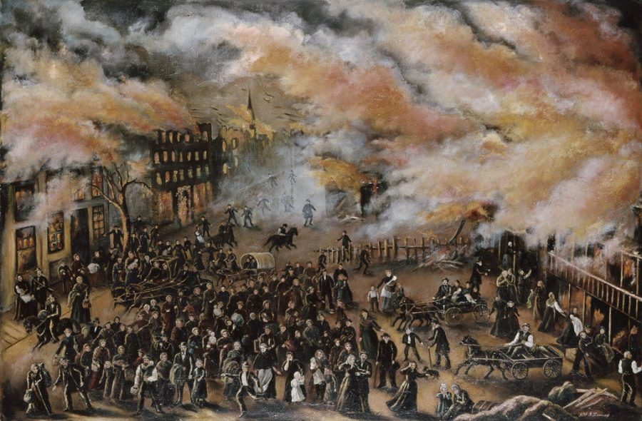 Painting titled Memories of the Chicago Fire in 1871, by Julia Lemos, 1912. Oil on canvas.