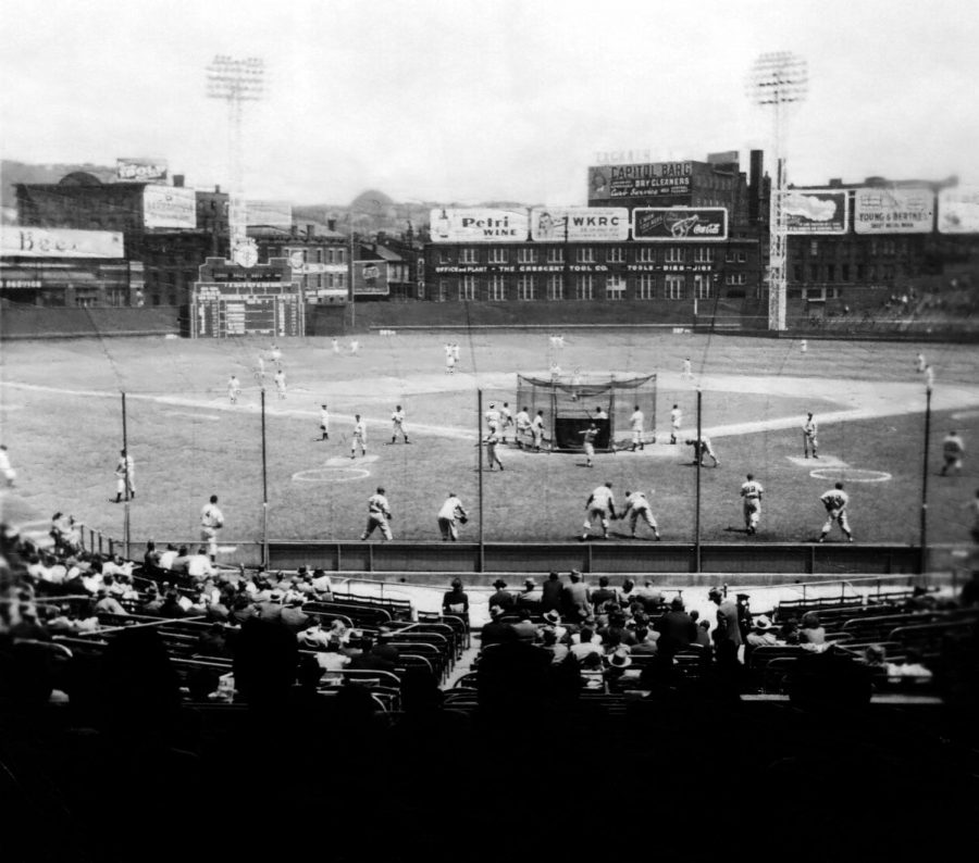 Pictured above is Crosley Field in Cincinnati, Ohio. The Philadelphia Phillies and the Cincinnati Reds played a night game here on May 24, 1935. 